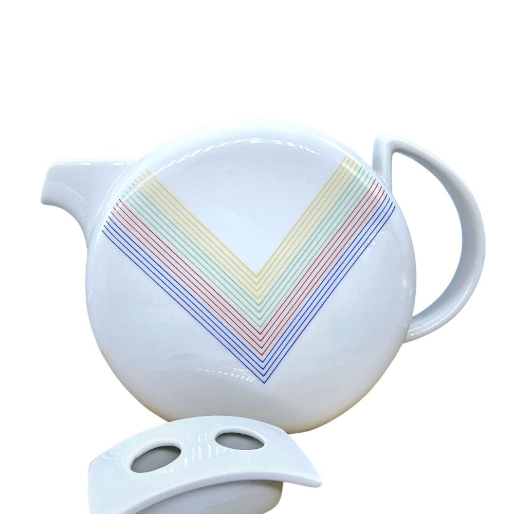 1980s art deco White Ceramic Teapot with Multicolor Chevron Design